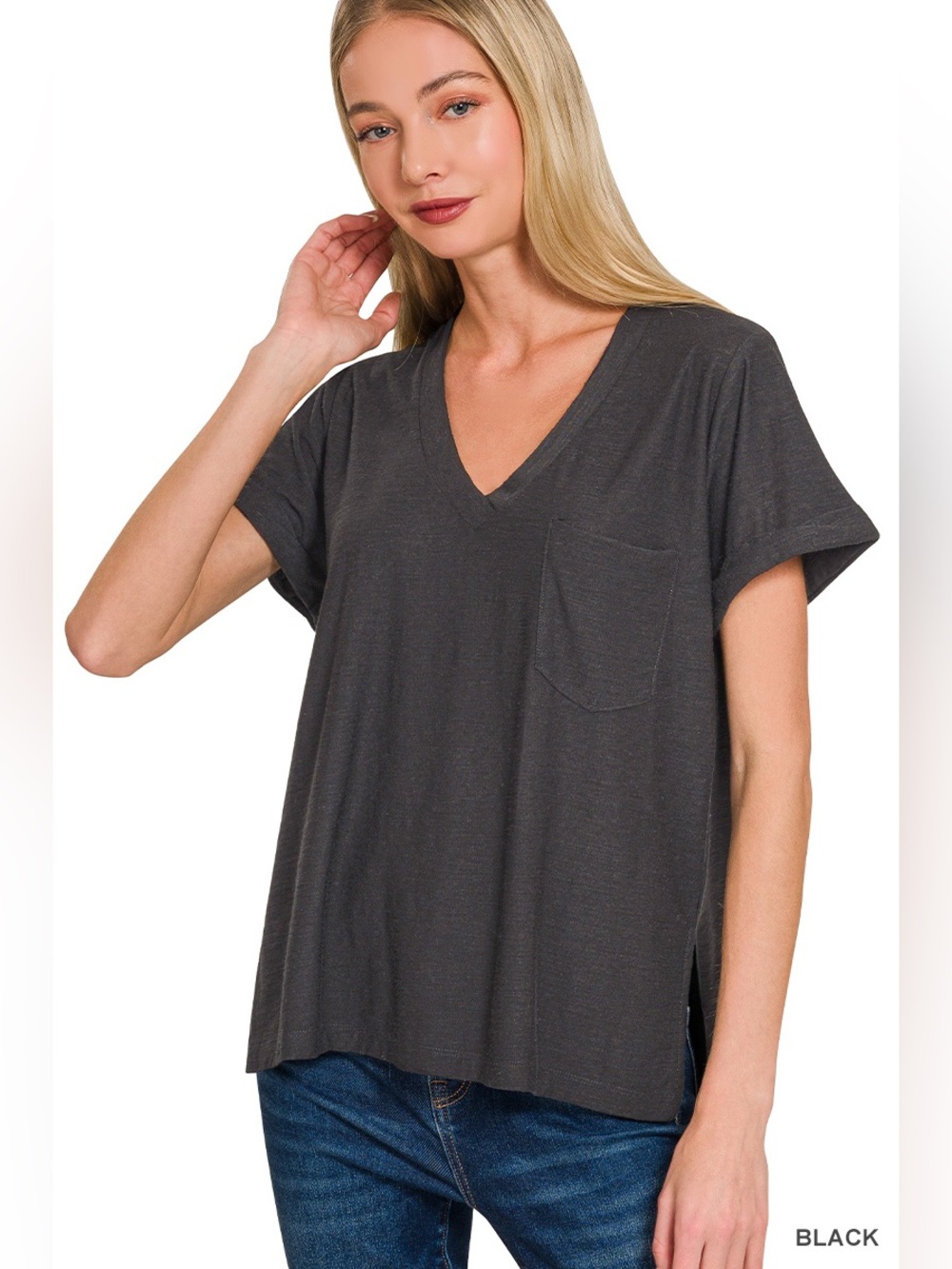 Zenana SLUB ROLLED SHORT SLEEVE V-NECK TEE